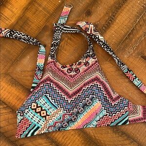 Tribal Print Halter Bikini Top - Pink, Turquoise & Black